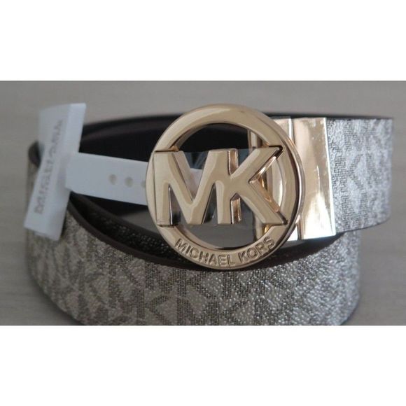 Michael Kors 556178C 715 Women Sz S Reversible Pale Gold/Chocolate Logo MK Belt - Picture 1 of 8